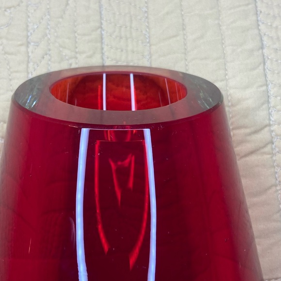 Red Cut Glass Vase 8.5”x5” Angled Top Unsigned Encased Glass - Picture 3 of 8
